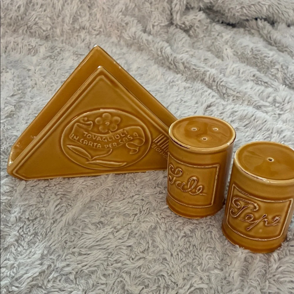 Sur La Table Ochre Ceramic Napkin Holder and Shaker Set